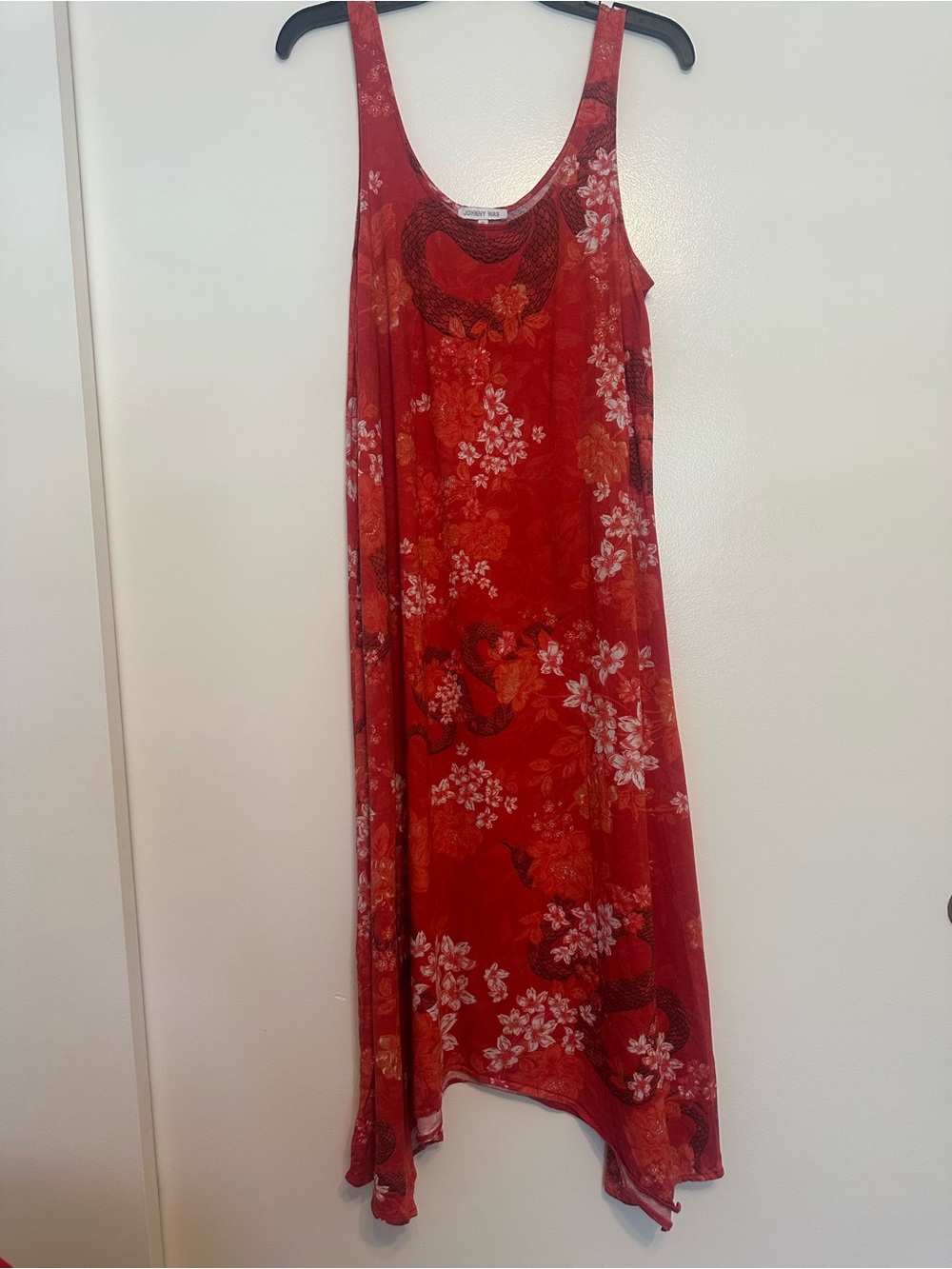 Johnny Was Red Floral Asymmetrical Hem Tank Dress